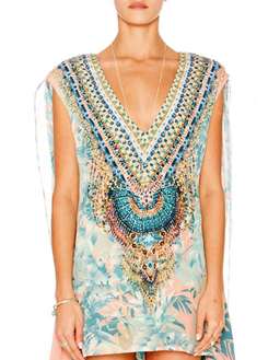 Camilla Deep V Mini Dress with Cape in Garden of Dream Blue