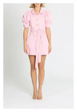 Aje Flora Denim Puff Sleeve Mini Dress Pink Size 8 for rent on The Volte - image 1