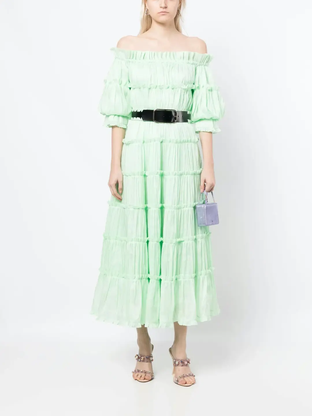 Leo Lin Rue Off Shoulder Tiered Dress Mint Size 12 for rent on The Volte - main image