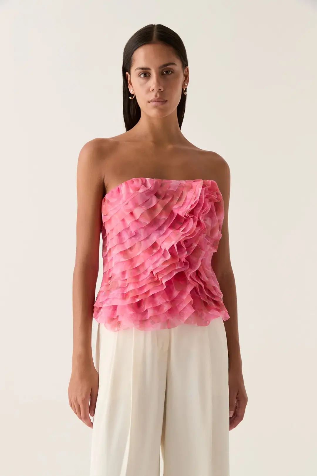 Aje Charmed Rosette Ruffle Bustier and Valeria Asymmetric Midi Skirt Set Misty Rose Size 16 for rent on The Volte - main image