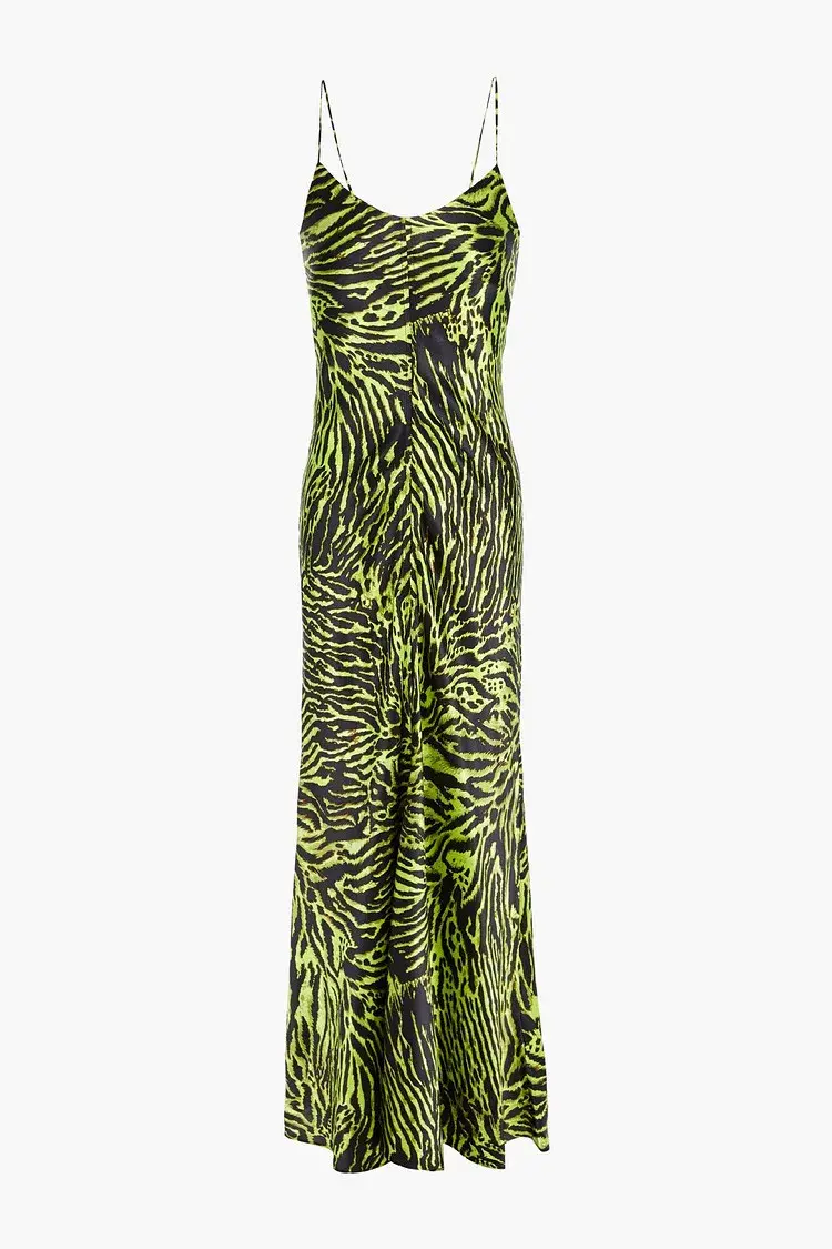Ganni Silk Blend Satin Maxi Dress in Green Tiger Print Size M / AU 10 - Image 4