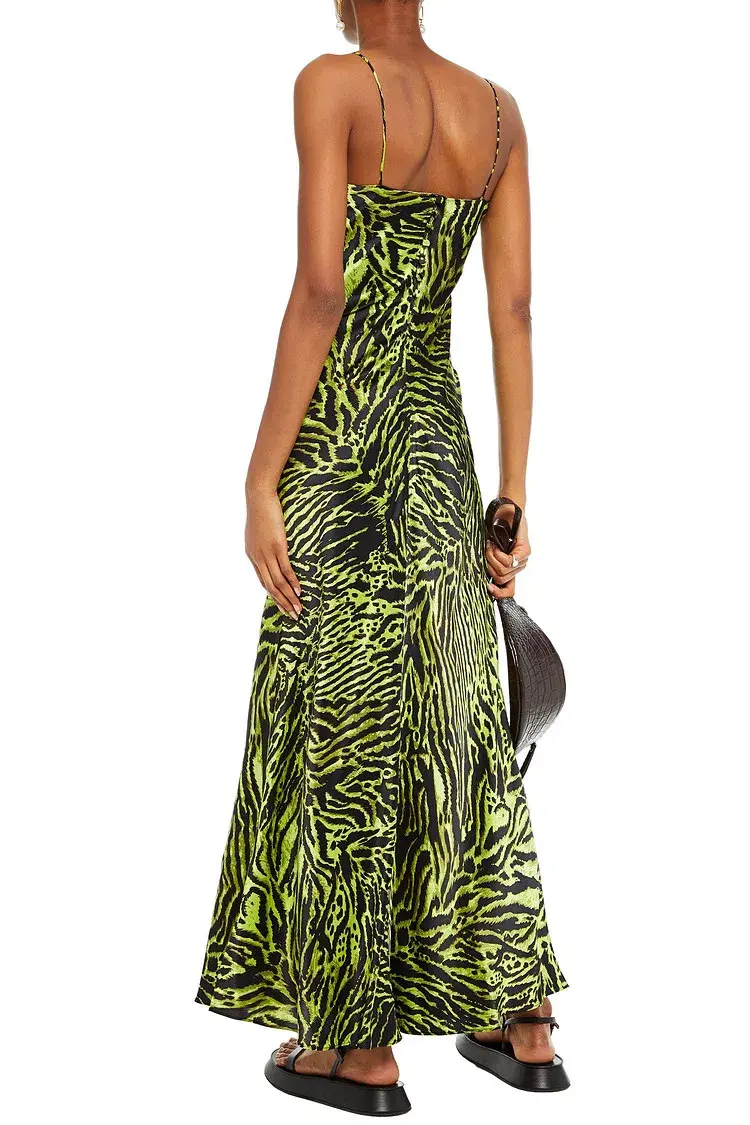 Ganni Silk Blend Satin Maxi Dress in Green Tiger Print Size M / AU 10 - Image 2