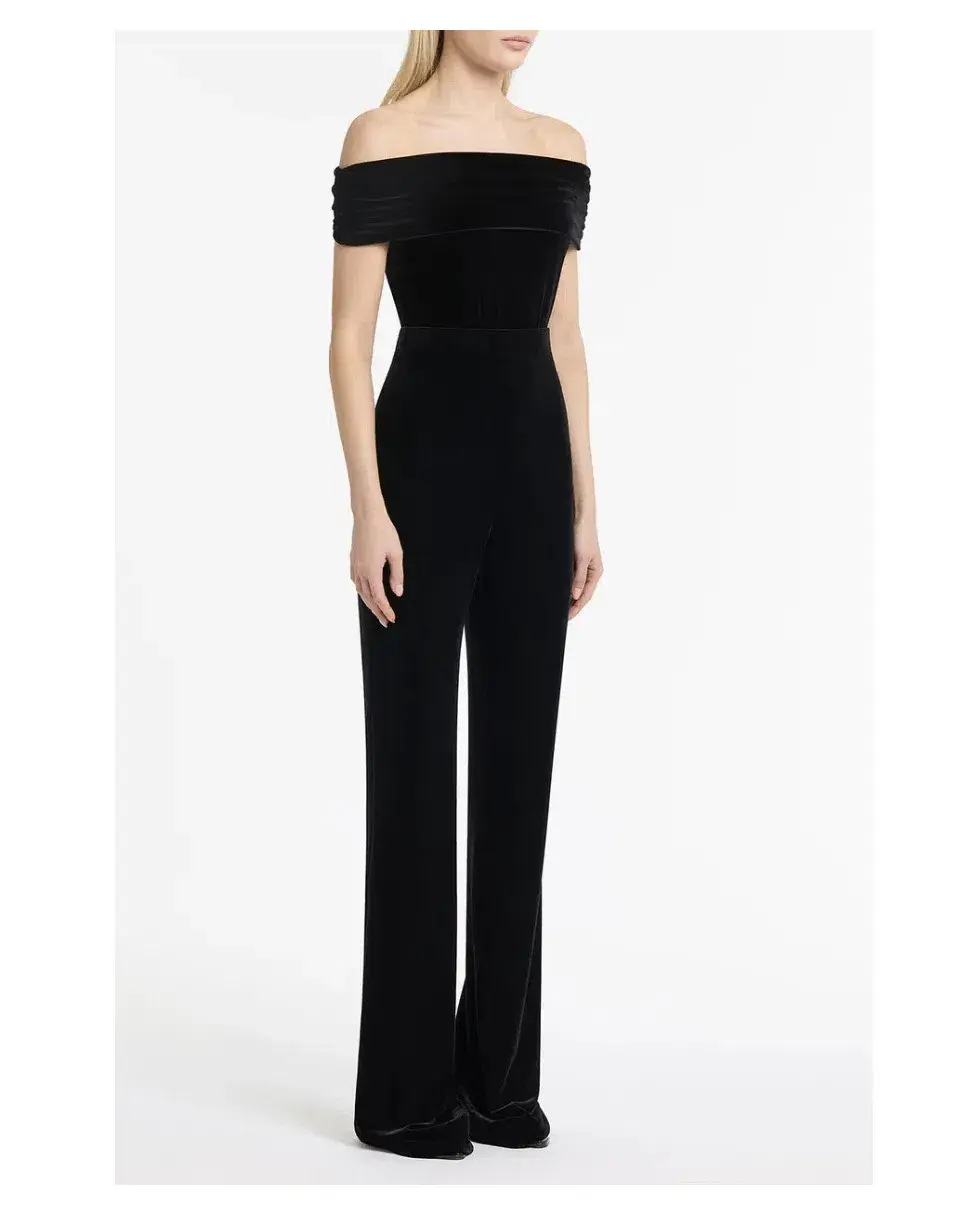Carla Zampatti Off Shoulder Bodysuit Top and Velvet Pant Black Size 6 for rent on The Volte - main image
