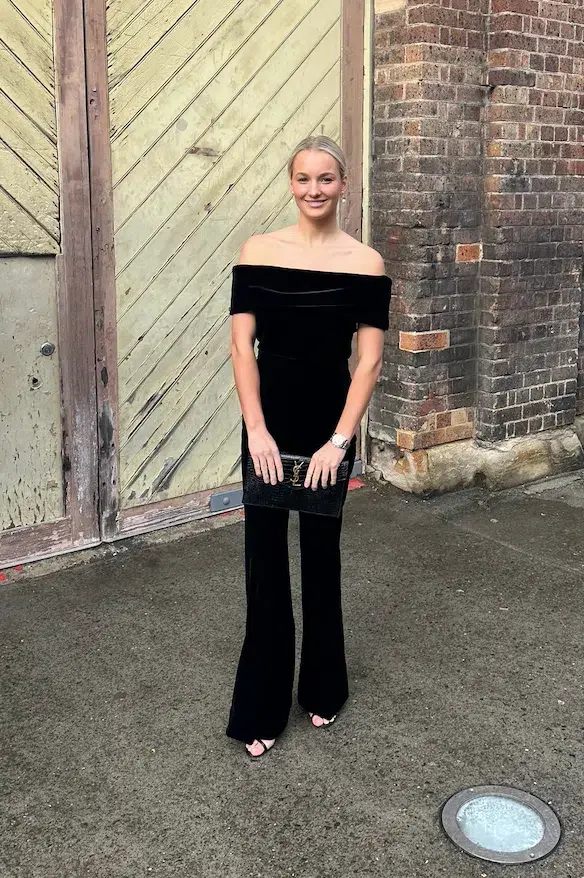 Carla Zampatti Off Shoulder Bodysuit Top and Velvet Pant Black Size 6 for rent on The Volte - main image