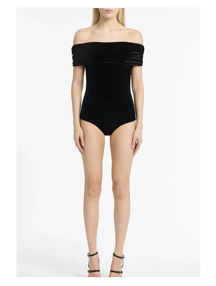 Carla Zampatti Off Shoulder Bodysuit Top and Velvet Pant Black Size 6 for rent on The Volte - main image