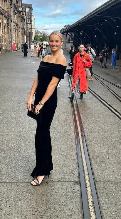 Carla Zampatti Off Shoulder Bodysuit Top and Velvet Pant Black Size 6 for rent on The Volte - main image