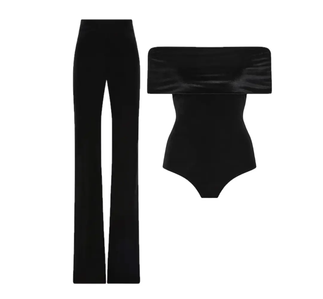 Carla Zampatti Off Shoulder Bodysuit Top and Velvet Pant Black Size 6 for rent on The Volte - main image