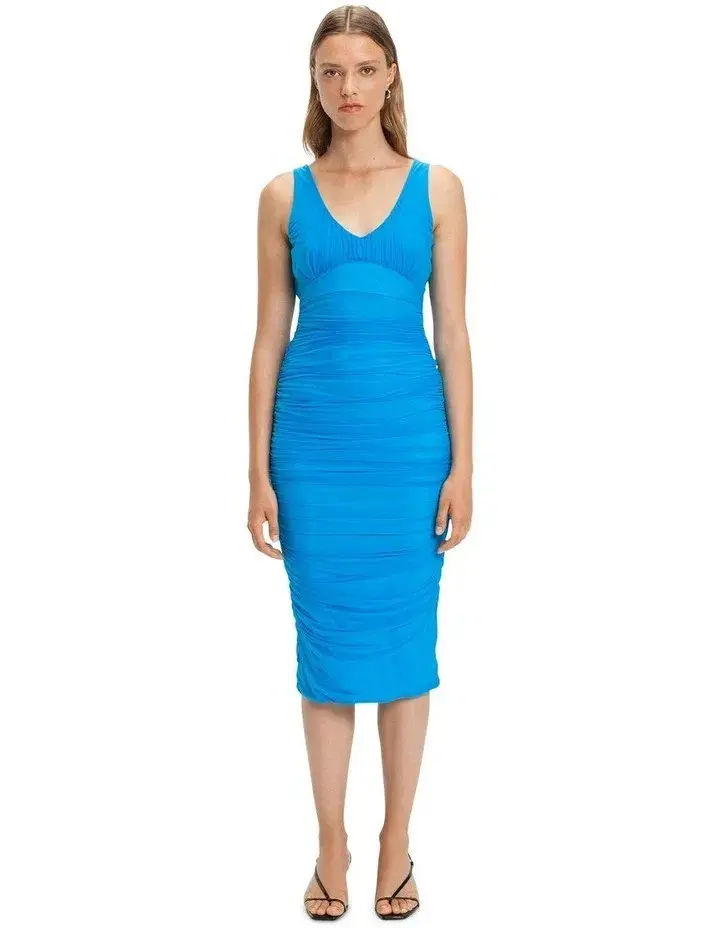 Cue Ruched Mesh Midi Dress in Blue Jewel Size 10 for rent on The Volte - main image