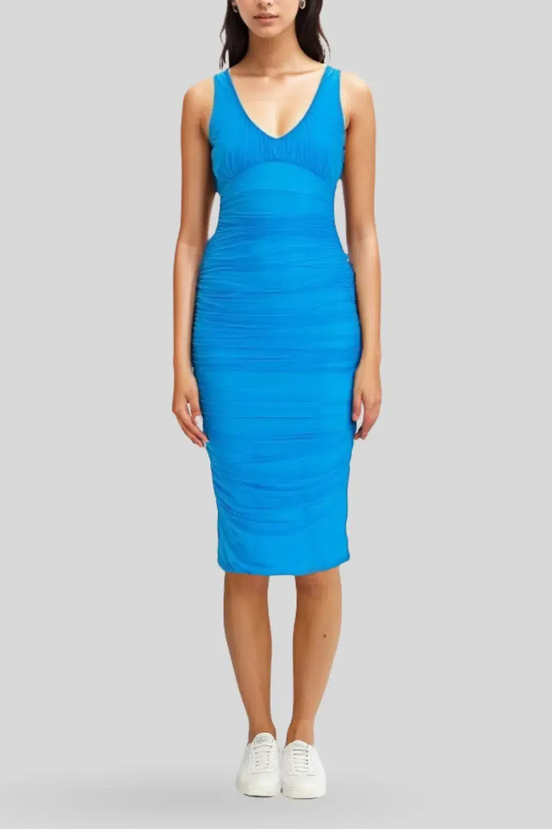 Cue Ruched Mesh Midi Dress in Blue Jewel Size 10 for rent on The Volte - main image