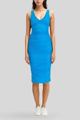 Cue Ruched Mesh Midi Dress in Blue Jewel Size 10 for rent on The Volte - image 3