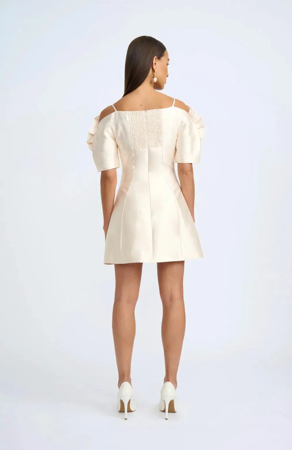 By Johnny Ramira Off Shoulder Mini Dress Champagne Size 8 for rent on The Volte - main image