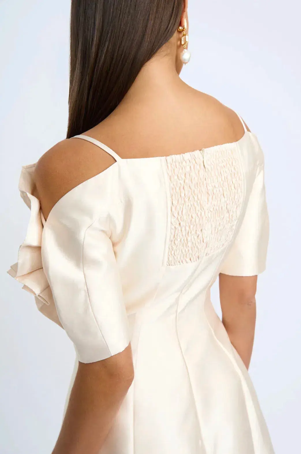 By Johnny Ramira Off Shoulder Mini Dress Champagne Size 8 for rent on The Volte - main image