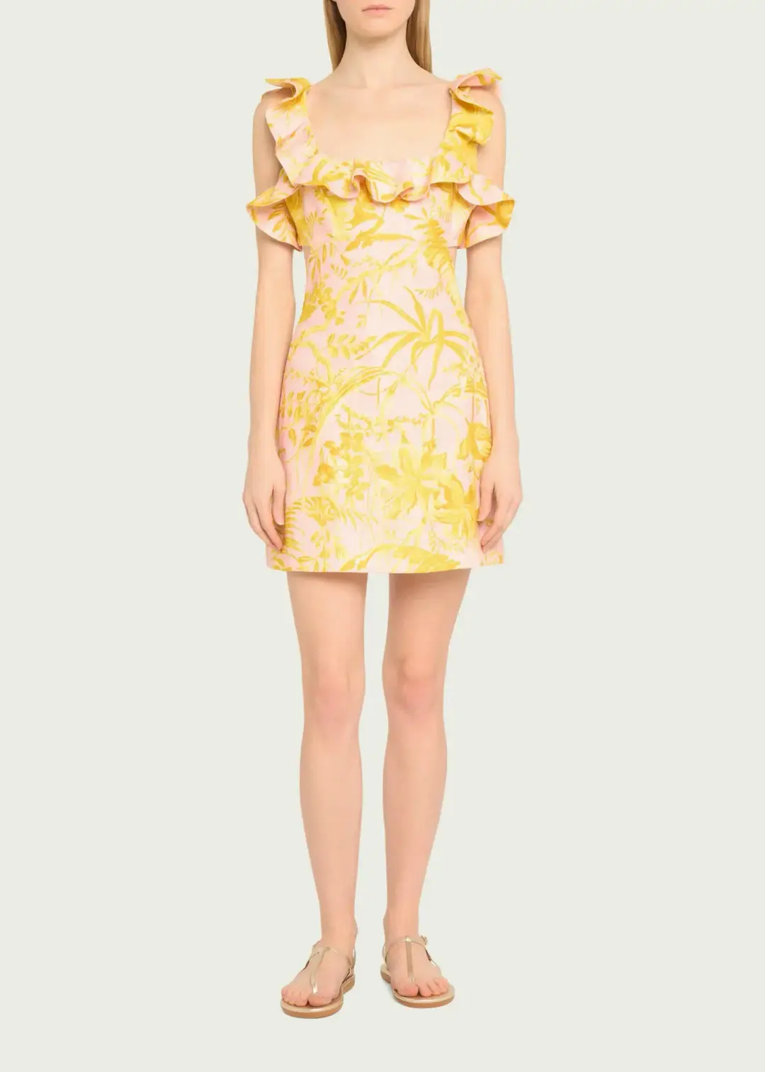 Zimmermann Golden Ruffle Mini Dress in Pink/Gold Floral Size 0 / AU 8 for rent on The Volte - main image