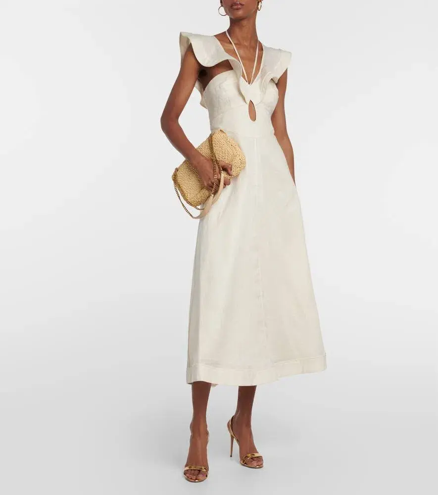 Zimmermann Halcyon Cutout Ruffled Shell Embellished Linen Midi Dress Cream Size 4/AU 16 for rent on The Volte - main image