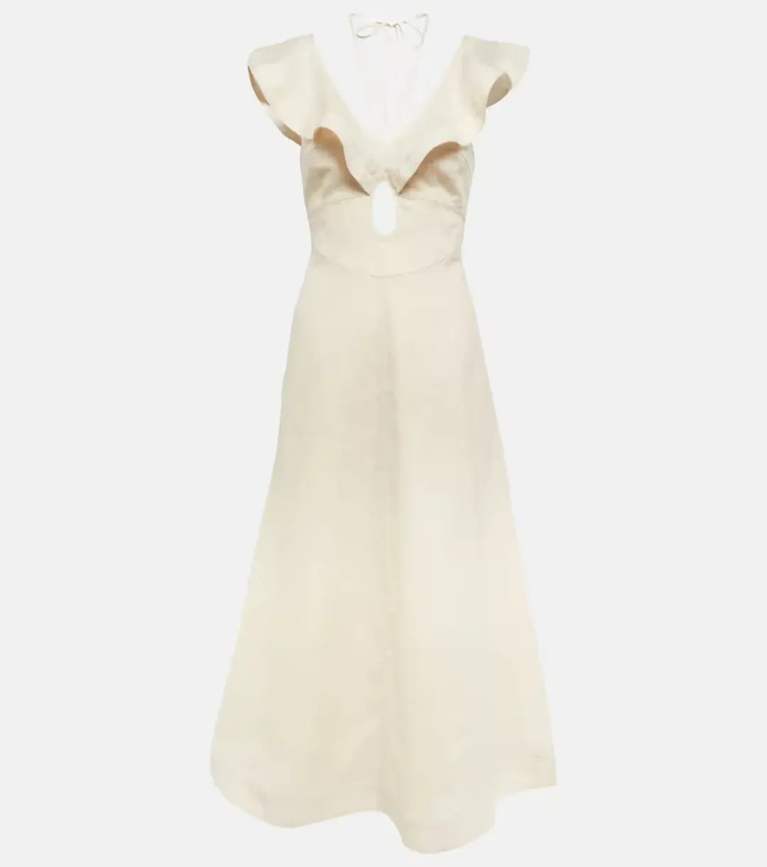 Zimmermann Halcyon Cutout Ruffled Shell Embellished Linen Midi Dress Cream Size 4/AU 16 for rent on The Volte - main image