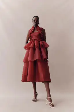 Aje Asra Pleated Frill Midi Dress Mahogany Size 14 for rent on The Volte - image 1