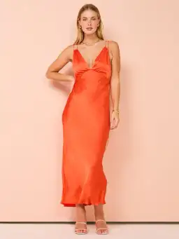 Shona Joy Mia Contrast Plunged Double Strap Midi Dress In Hibiscus Size 6