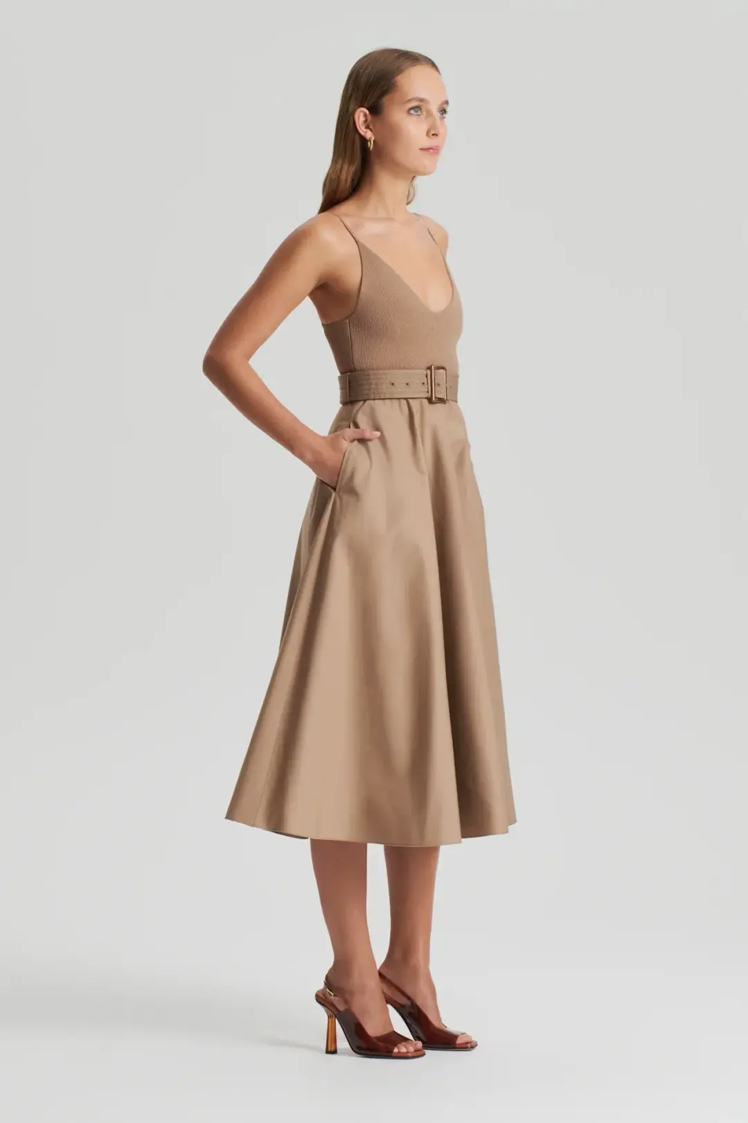 Scanlan Theodore Crepe Knit Camisole Midi Dress Camel Size 8 for rent on The Volte - main image