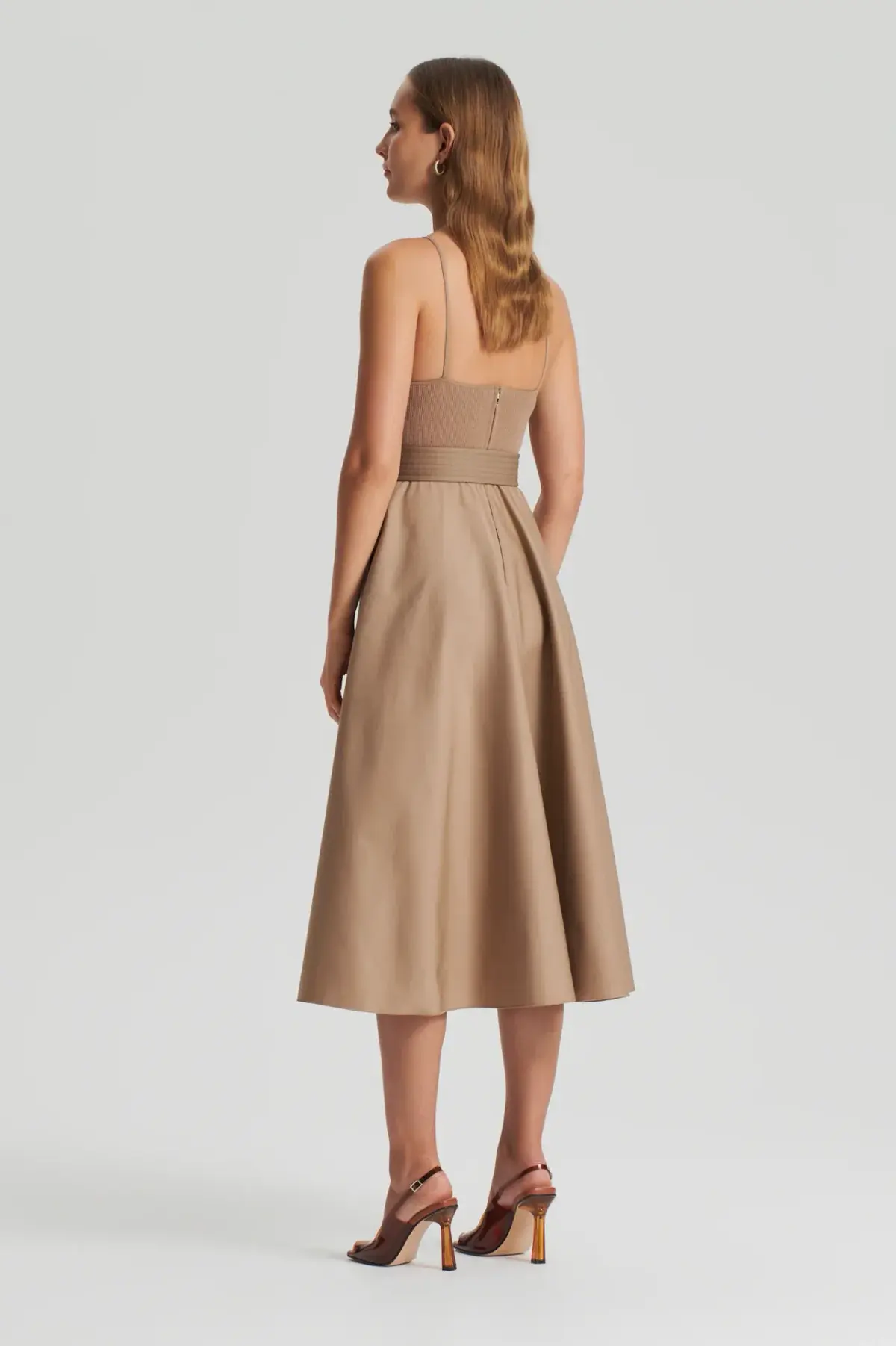 Scanlan Theodore Crepe Knit Camisole Midi Dress Camel Size 8 - Image 3