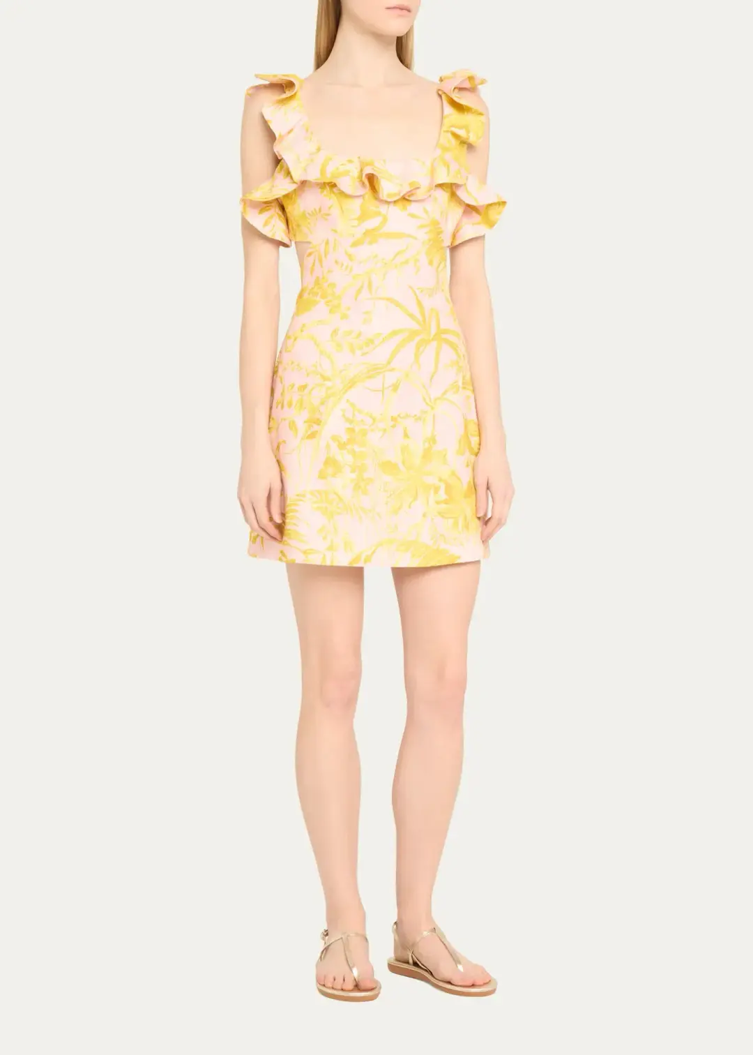 Zimmermann Golden Ruffle Mini Dress Pink/Gold Floral Size 0 / AU 8 for rent on The Volte - main image