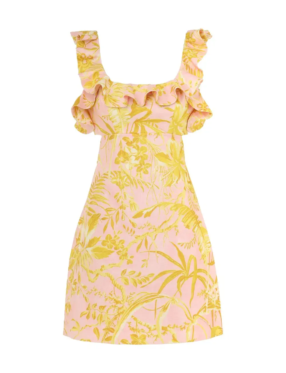 Zimmermann Golden Ruffle Mini Dress Pink/Gold Floral Size 0 / AU 8 for rent on The Volte - main image