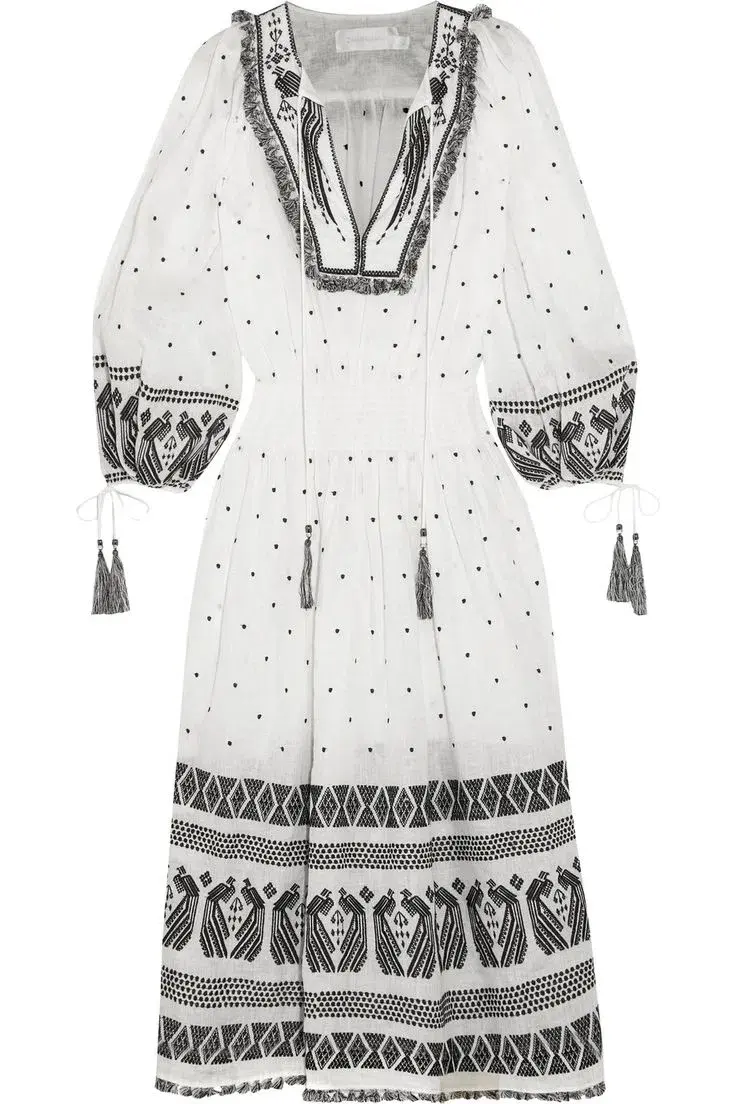 Zimmermann Divinity Midi Embroidered Linen Dress White/Black Size 0 / 8 AU for rent on The Volte - main image