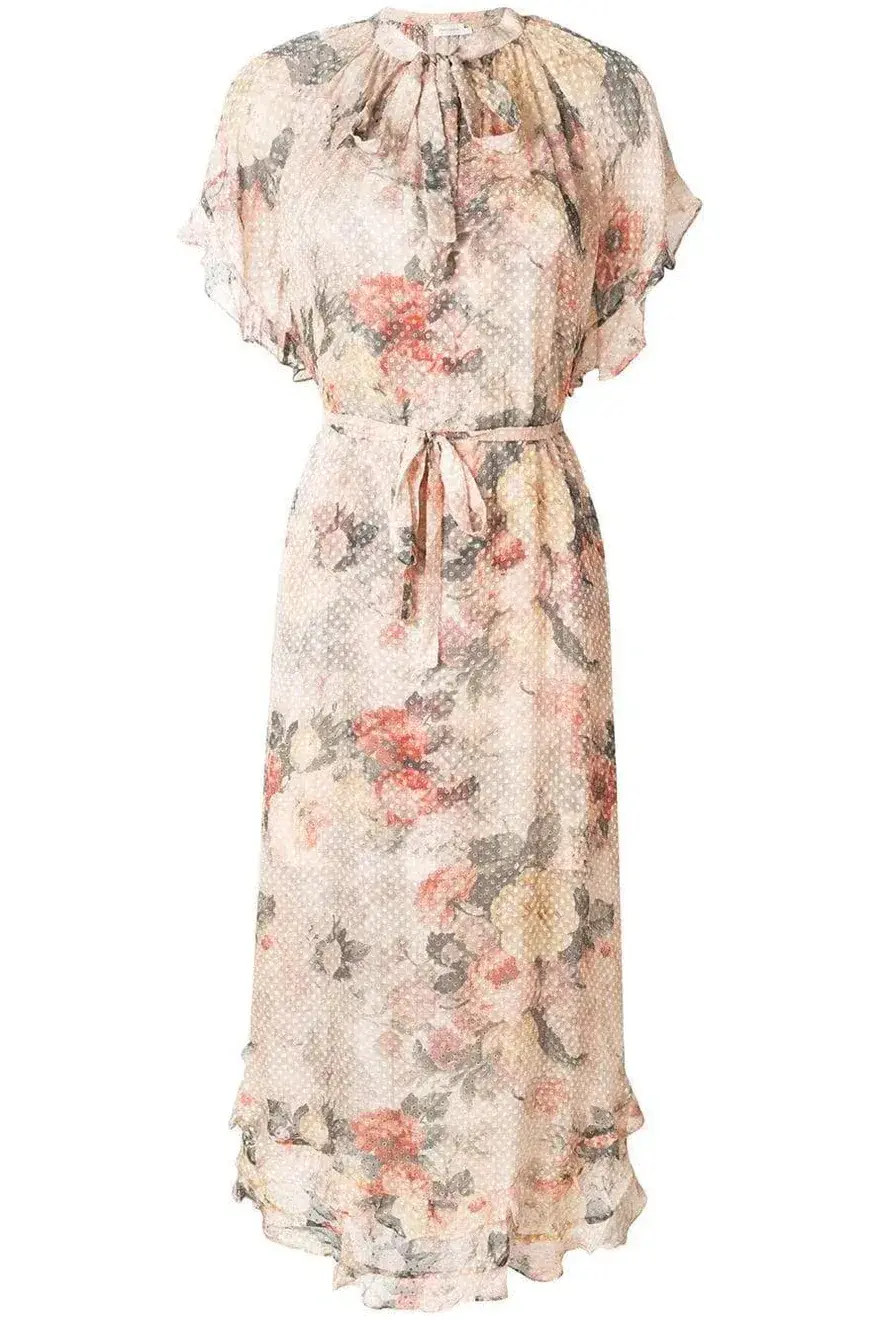 Zimmermann Radiate Cascade Frill Swing Silk Ruffle Midi Dress Floral Size 1 / 10 AU for rent on The Volte - main image