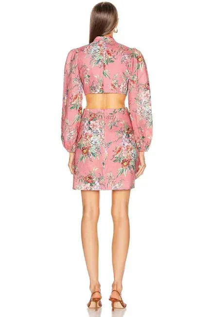 Zimmermann Bellitude Cutout Bow Front Floral Linen Mini Dress Pink Size 0 / 8 AU for rent on The Volte - main image
