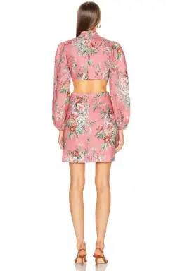 Zimmermann Bellitude Cutout Bow Front Floral Linen Mini Dress Pink Size 0 / 8 AU for rent on The Volte - image 3