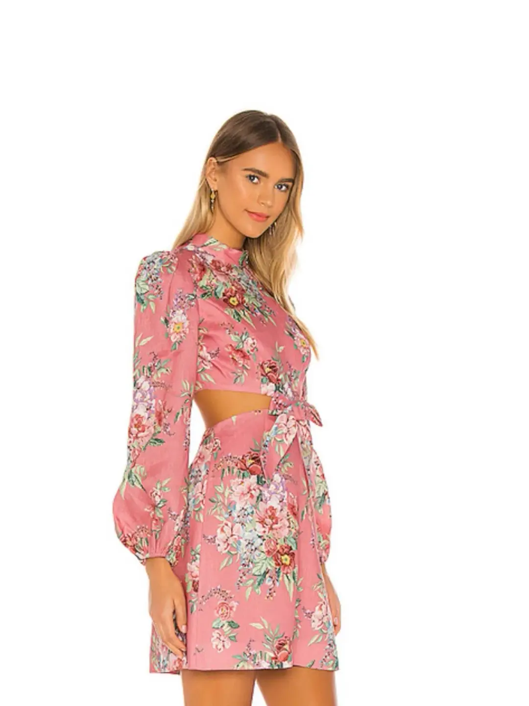 Zimmermann Bellitude Cutout Bow Front Floral Linen Mini Dress Pink Size 0 / 8 AU for rent on The Volte - main image