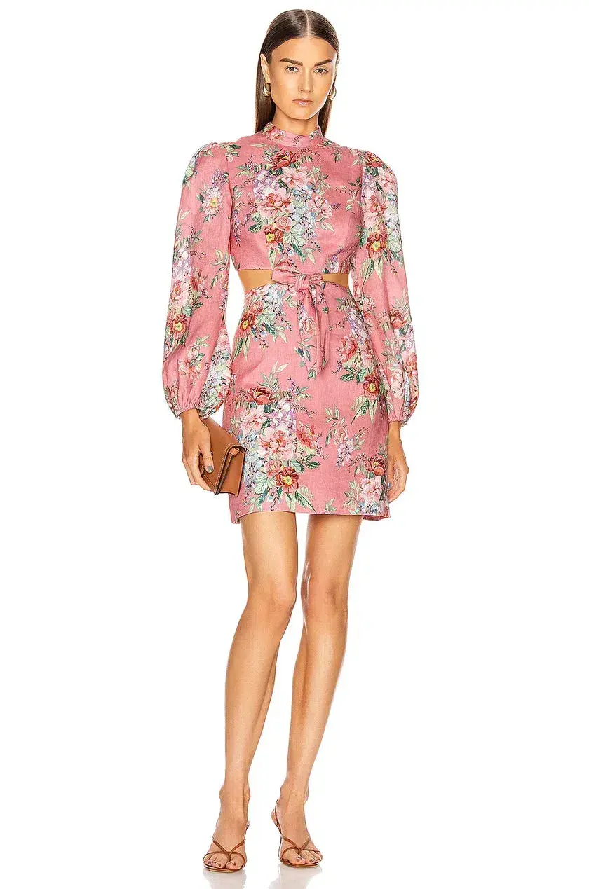 Zimmermann Bellitude Cutout Bow Front Floral Linen Mini Dress Pink Size 0 / 8 AU for rent on The Volte - main image