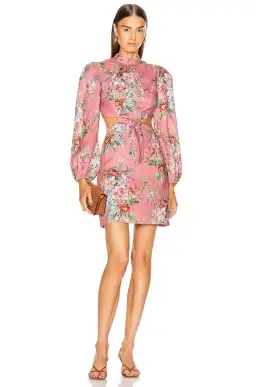 Zimmermann Bellitude Cutout Bow Front Floral Linen Mini Dress Pink Size 0 / 8 AU for rent on The Volte - image 4