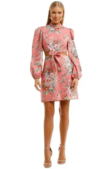 Zimmermann Bellitude Cutout Bow Front Floral Linen Mini Dress Pink Size 0 / 8 AU for rent on The Volte - main image