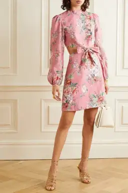 Zimmermann Bellitude Cutout Bow Front Floral Linen Mini Dress Pink Size 0 / 8 AU for rent on The Volte - image 1