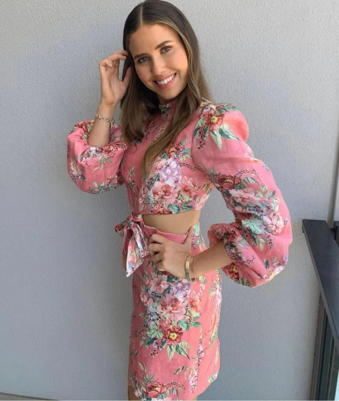 Zimmermann Bellitude Cutout Bow Front Floral Linen Mini Dress Pink Size 0 / 8 AU for rent on The Volte - main image