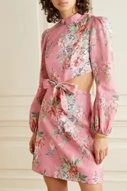 Zimmermann Bellitude Cutout Bow Front Floral Linen Mini Dress Pink Size 0 / 8 AU for rent on The Volte - image 2