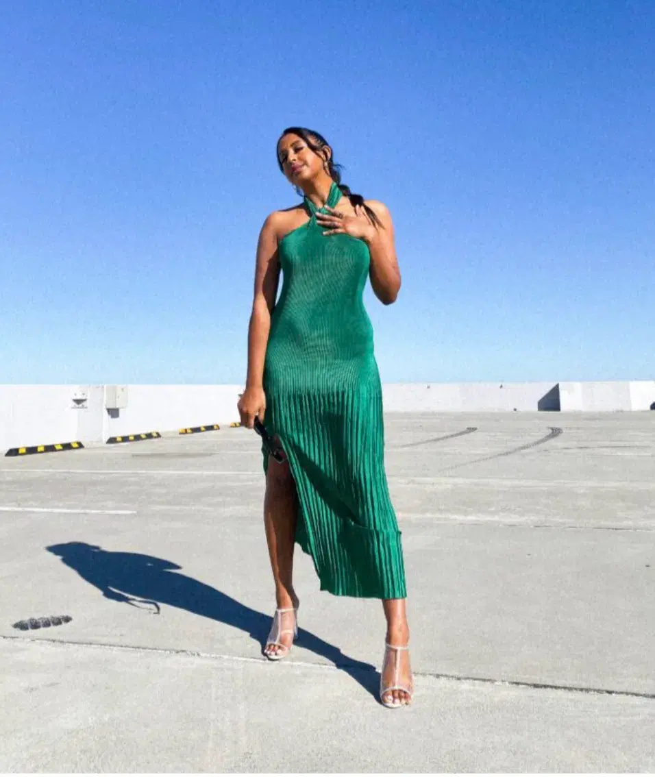 L'Idee Soiree Pleated Halter Dress Emerald Size 8 for rent on The Volte - main image