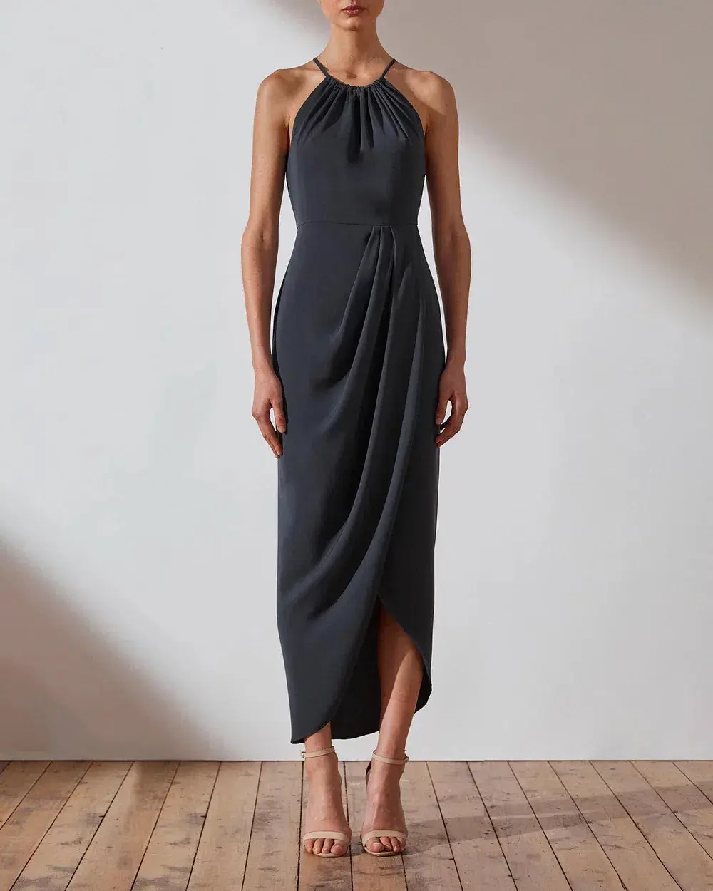Shona Joy Core High Neck Ruched Dress in Charcoal Size AU 16 for rent on The Volte - main image