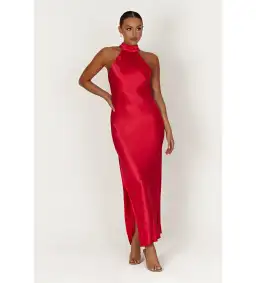 Meshki Claire Satin Drape Back Maxi Dress With Split Red Size 8 for rent on The Volte - image 1