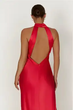 Meshki Claire Satin Drape Back Maxi Dress With Split Red Size 8 for rent on The Volte - image 2
