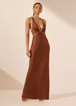 Shona Joy Belkis Contrast Plunged Cross Back Maxi Dress Chocolate/Ivory