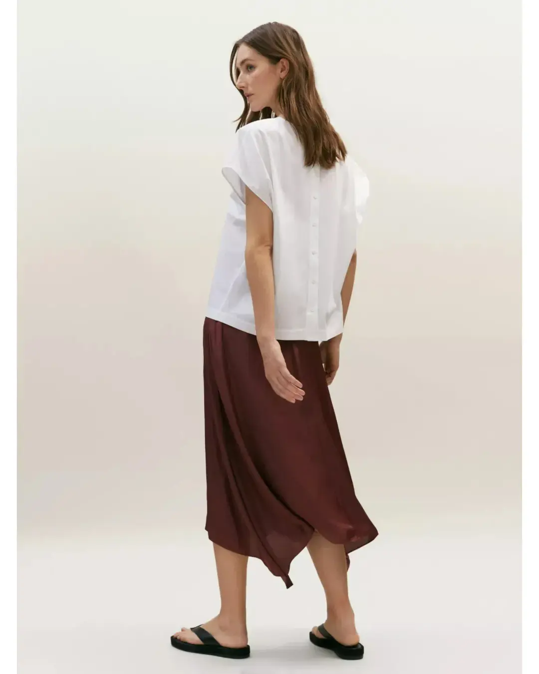 Massimo Dutti "Flowing Asymmetric" Midi Skirt Burgundy Size AU 6 for rent on The Volte - main image