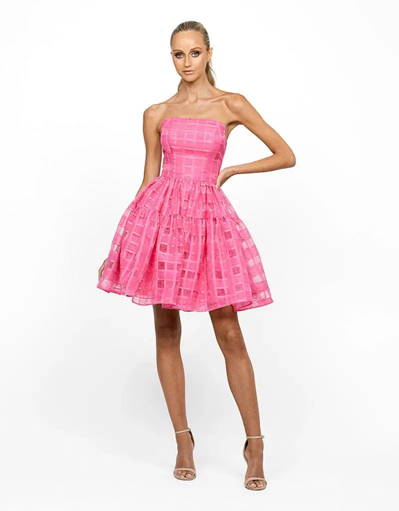 B by Bariano Loni Strapless Flip Mini Dress in Barbie Pink Size 10 for rent on The Volte - main image