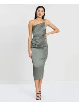 Bec & Bridge Mila Asymmetric Midi Dress Green Size AU 6