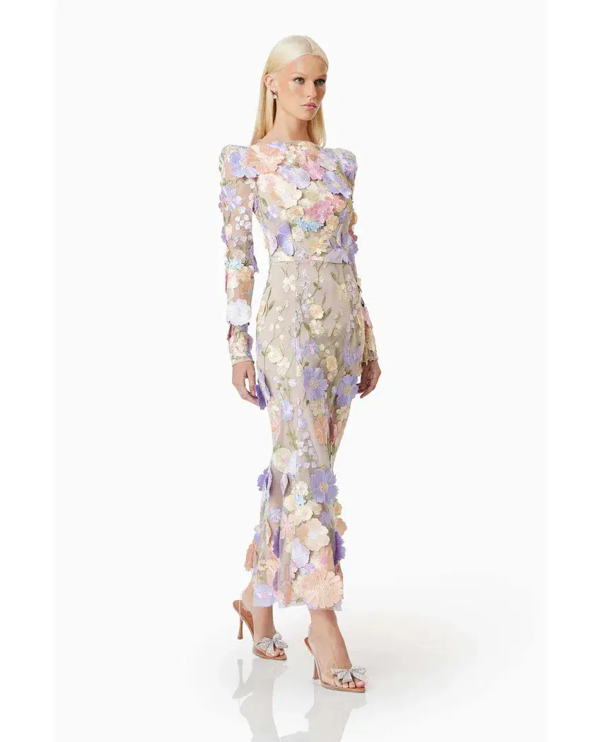 Elliatt Shannon 3D Floral Midi Dress In Purple Floral Size M/ AU 10 for rent on The Volte - main image