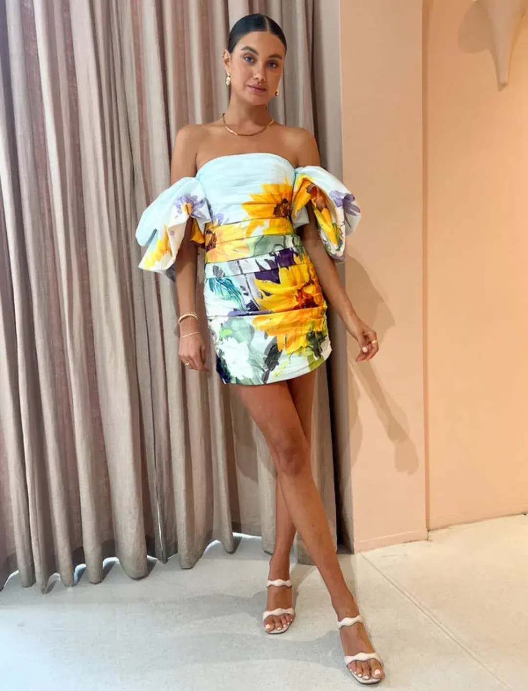 Leo Lin Brenda Sunflower Puffy Sleeve Mini Dress Sunflower Print in Landscape Size 6 for rent on The Volte - main image