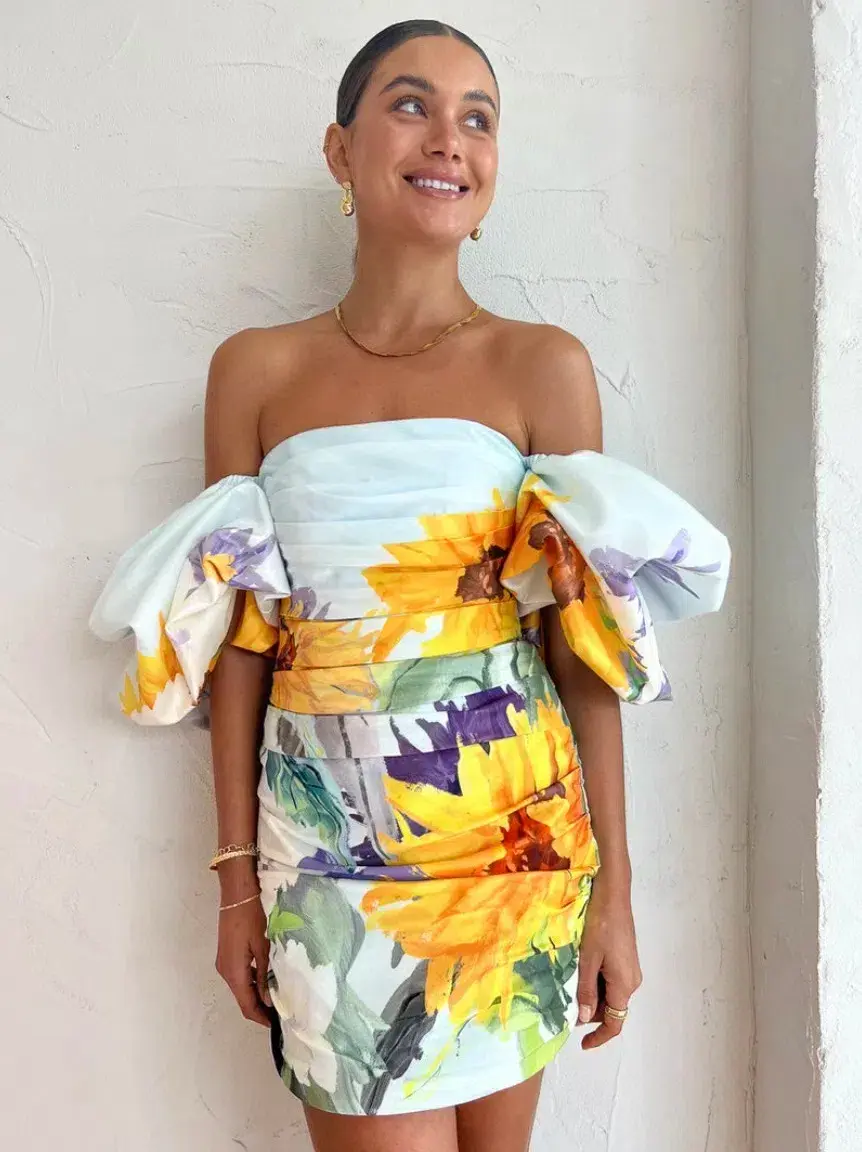 Leo Lin Brenda Sunflower Puffy Sleeve Mini Dress Sunflower Print in Landscape Size 6 for rent on The Volte - main image