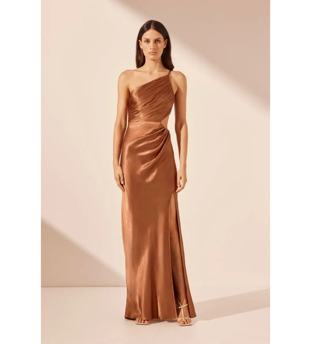 Shona Joy La Lune Asymmetrical Gathered Maxi Dress Almond Size 10 for rent on The Volte - main image