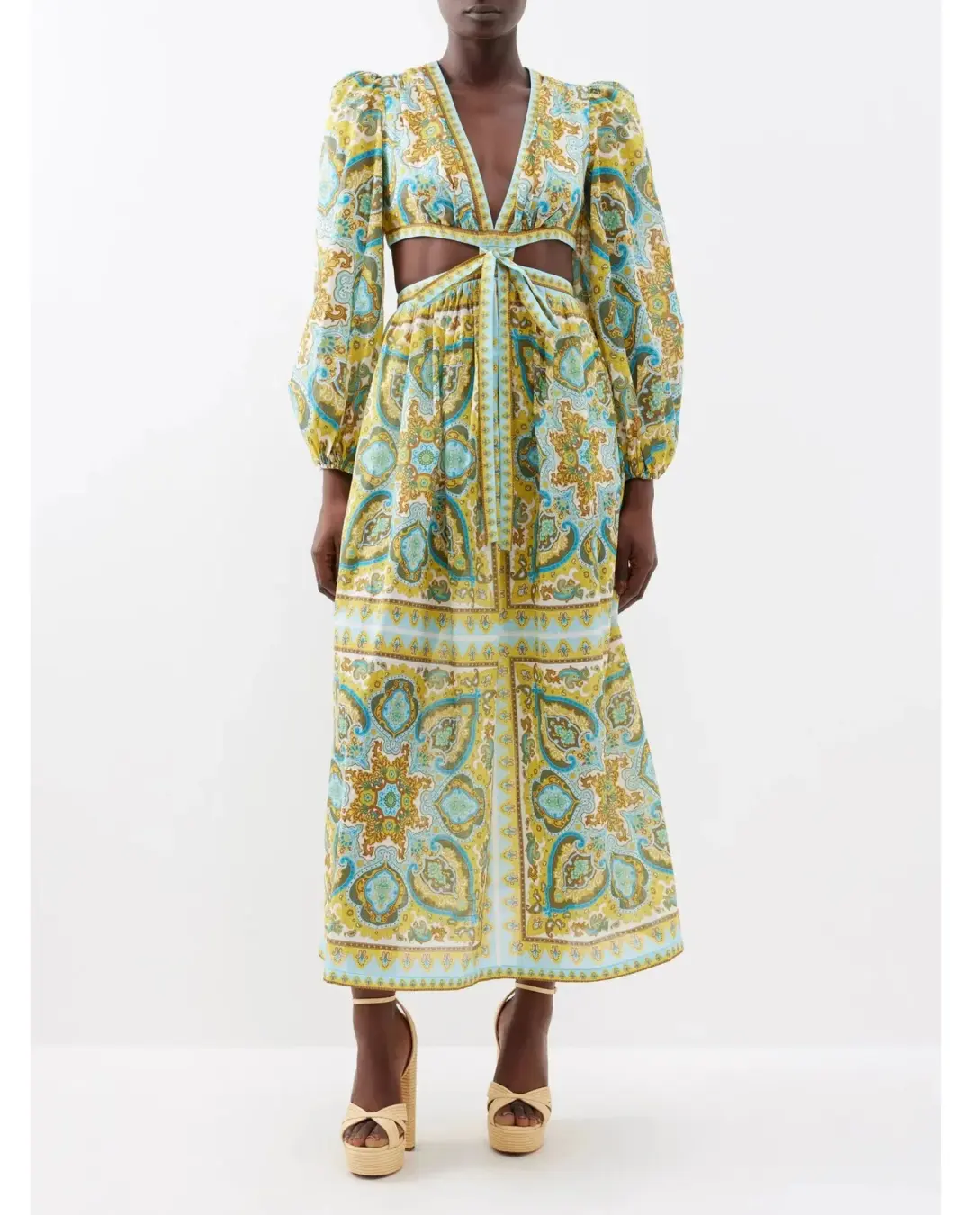 Zimmermann Halcyon Tie Front Midi Dress Blue Yellow Paisley Size 1 / AU 10 for rent on The Volte - main image
