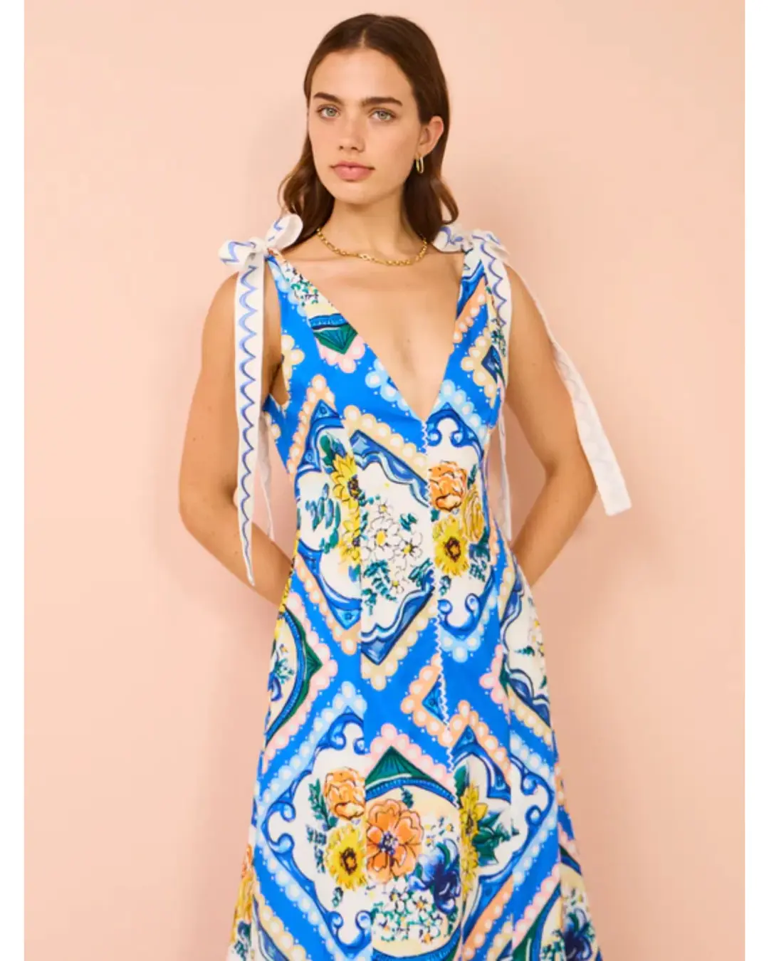 By Nicola Adonica Tie Shoulder Maxi Dress in Azure Flower Size AU 14 for rent on The Volte - main image